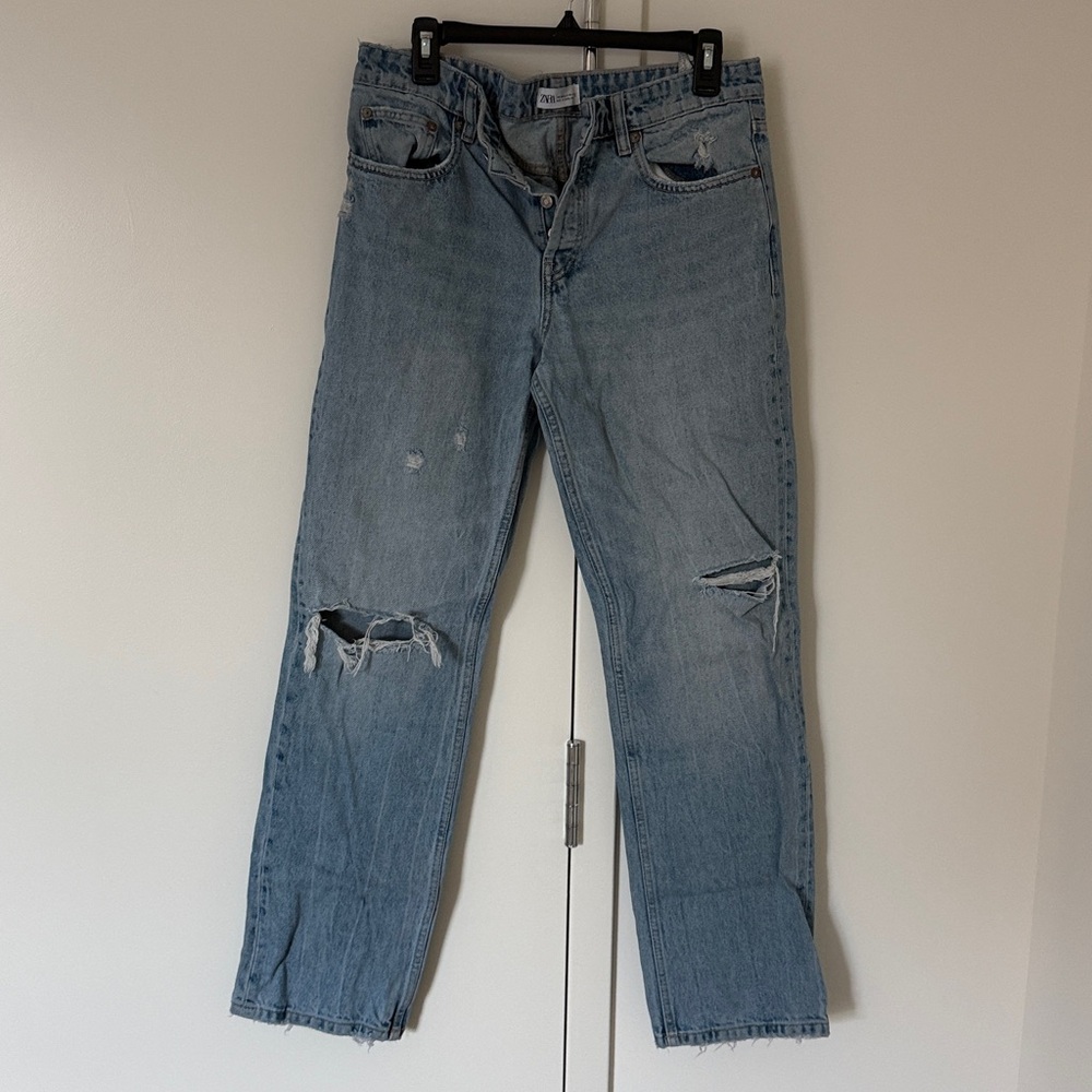Zara Light Blue Distressed Women's Wide Straight Jeans